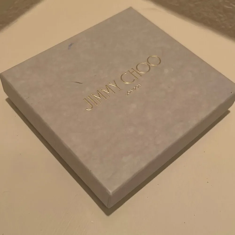Jimmy Choo Small Square Box Light Gray Gold Lettering Luxury Storage Decor